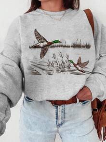 EMERY ROSE Women's Casual Loose Fit Crew Neck Long Sleeve Sweatshirt With Duck Animal Painting Print, Fall - Grey - View 3
