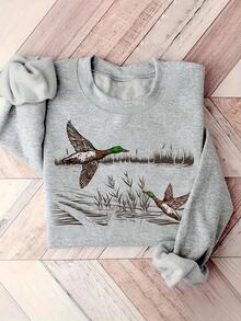 EMERY ROSE Women's Casual Loose Fit Crew Neck Long Sleeve Sweatshirt With Duck Animal Painting Print, Fall - Grey - View 4