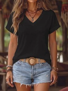 EMERY ROSE V-Neck Solid Color Casual Loose Summer T-Shirt - Black - View 3