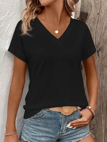 EMERY ROSE V-Neck Solid Color Casual Loose Summer T-Shirt - Black - View 8