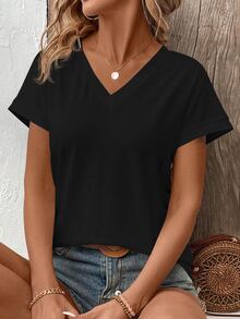 EMERY ROSE V-Neck Solid Color Casual Loose Summer T-Shirt - Black - View 6