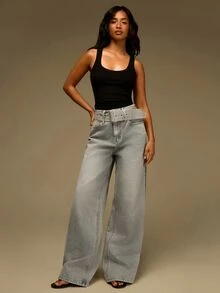 Athîral Denim Women's Solid Color Slant Pocket Belted Loose Fit Jeans - Medium Wash - View 5