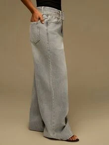 Athîral Denim Women's Solid Color Slant Pocket Belted Loose Fit Jeans - Medium Wash - View 3