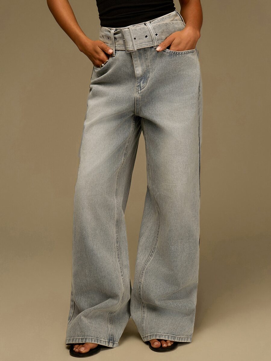 Athîral Denim Women's Solid Color Slant Pocket Belted Loose Fit Jeans - Medium Wash - View 1