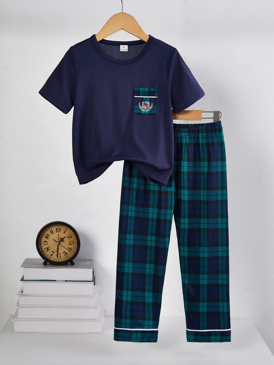 SHEIN Young Boys Pajamas Teddy Bear Printed Long Sleeve Round Neck Cotton Blend Button 2pcs Set Plaid Pants Fall Autumn/Winter Soft Cozy Cute Loungewear - Navy Blue - View 1