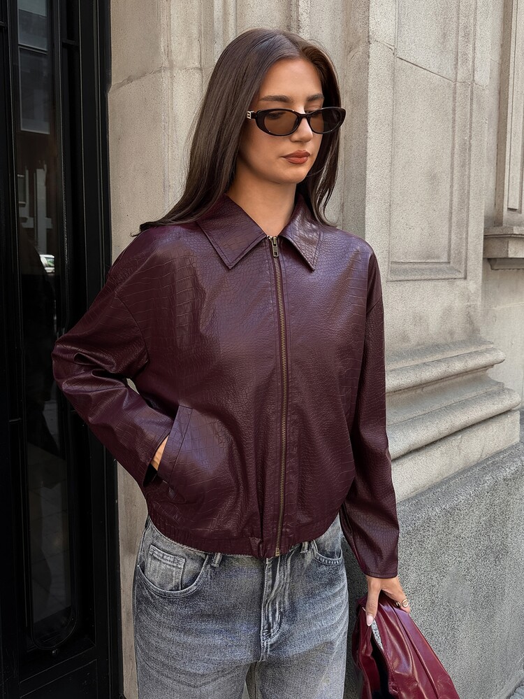 Aloruh Women's Elegant Casual Commute Night Out Old Money Style Burgundy PU Leather Jacket, Long Sleeve Minimalist Coat For Autumn/Winter Autumn - Burgundy - View 5