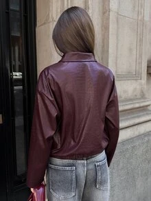 Aloruh 女款優雅休閒通勤夜出老錢風酒紅色PU皮革夾克，長袖極簡外套，適合秋冬，老錢風，Y2K - 酒紅色 - 查看 2