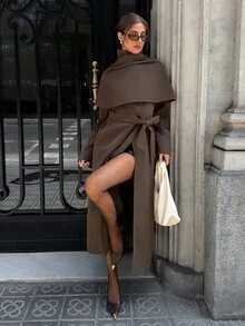 Aloruh Women's Street Vintage Long Sleeve Cape Trench Coat Jacket - Khaki - View 5