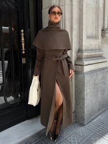 Aloruh Women's Street Vintage Long Sleeve Cape Trench Coat Jacket - Khaki - View 4