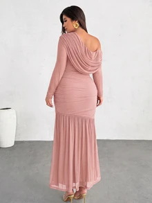 Firerie Plus Size Women's Solid Color Asymmetric Neck Long Sleeve Ruched Fishtail Hem Elegant Dress Fall - Dusty Pink - View 2