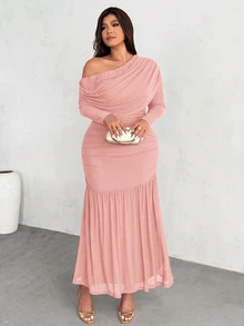 Firerie Plus Size Women's Solid Color Asymmetric Neck Long Sleeve Ruched Fishtail Hem Elegant Dress Fall - Dusty Pink - View 6