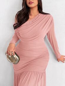 Firerie Plus Size Women's Solid Color Asymmetric Neck Long Sleeve Ruched Fishtail Hem Elegant Dress Fall - Dusty Pink - View 8