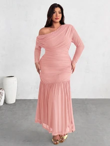 Firerie Plus Size Women's Solid Color Asymmetric Neck Long Sleeve Ruched Fishtail Hem Elegant Dress Fall - Dusty Pink - View 7