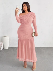 Firerie Plus Size Women's Solid Color Asymmetric Neck Long Sleeve Ruched Fishtail Hem Elegant Dress Fall - Dusty Pink - View 4