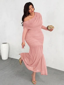 Firerie Plus Size Women's Solid Color Asymmetric Neck Long Sleeve Ruched Fishtail Hem Elegant Dress Fall - Dusty Pink - View 1