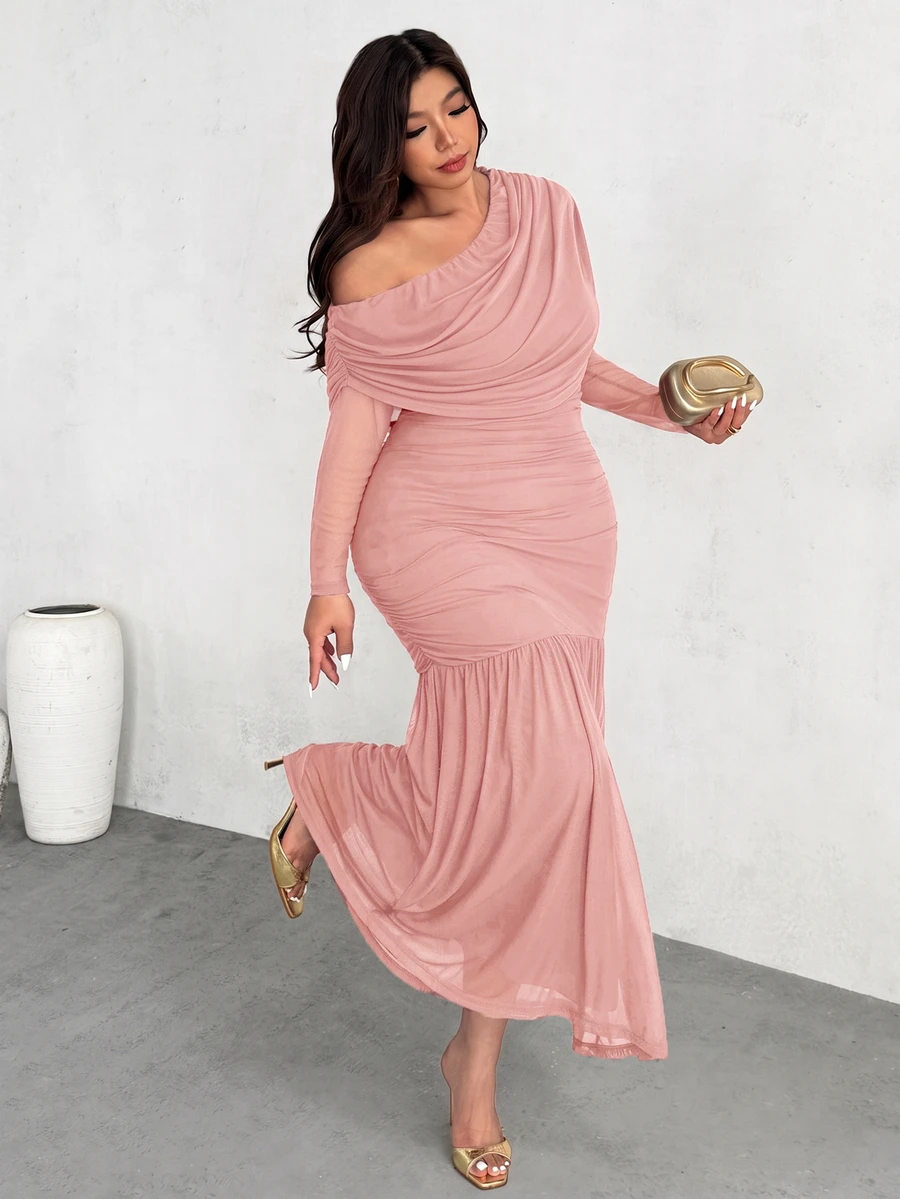 Firerie Plus Size Women's Solid Color Asymmetric Neck Long Sleeve Ruched Fishtail Hem Elegant Dress Fall - Dusty Pink - View 1