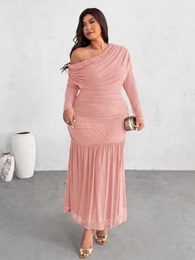 Firerie Plus Size Women's Solid Color Asymmetric Neck Long Sleeve Ruched Fishtail Hem Elegant Dress Fall - Dusty Pink - View 3
