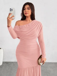 Firerie Plus Size Women's Solid Color Asymmetric Neck Long Sleeve Ruched Fishtail Hem Elegant Dress Fall - Dusty Pink - View 5