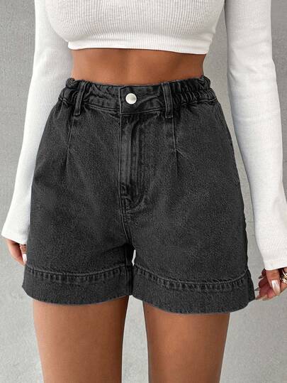 SHEIN Women Dark Wash High Waist Pleated Casual Denim Shorts Tall
