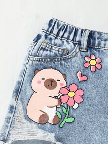 SHEIN Tween Girls' Heavily Washed Cartoon Patchwork Print Distressed Casual Denim Shorts - Light Wash - View 8