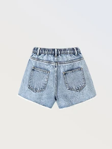 SHEIN Tween Girls' Heavily Washed Cartoon Patchwork Print Distressed Casual Denim Shorts - Light Wash - View 3