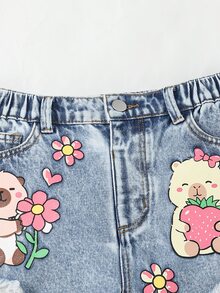 SHEIN Tween Girls' Heavily Washed Cartoon Patchwork Print Distressed Casual Denim Shorts - Light Wash - View 6