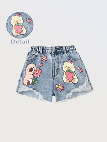 SHEIN Tween Girls' Heavily Washed Cartoon Patchwork Print Distressed Casual Denim Shorts - Light Wash - View 5