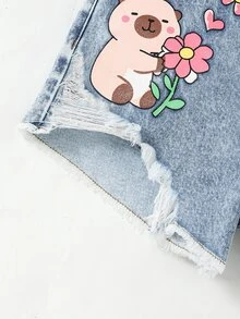 SHEIN Tween Girls' Heavily Washed Cartoon Patchwork Print Distressed Casual Denim Shorts - Light Wash - View 4