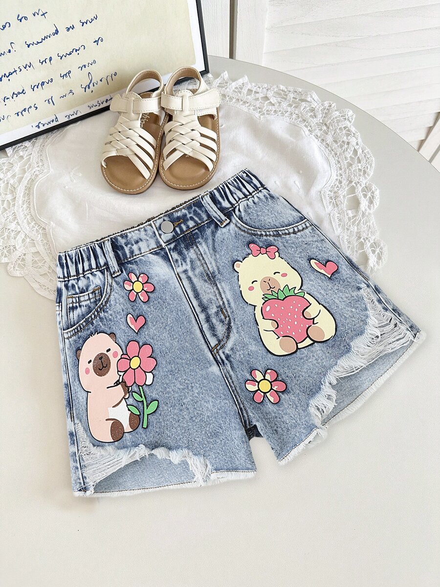 SHEIN Tween Girls' Heavily Washed Cartoon Patchwork Print Distressed Casual Denim Shorts