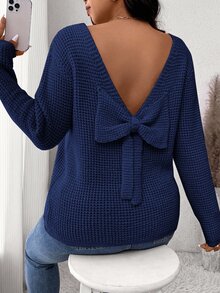 SHEIN Frenchy Plus Size Women Casual Crew Neck Bowknot Back Pullover Sweater In Fall/Winter - Royal Blue - View 6