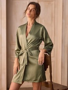 Charlaine 开襟系带缎面睡袍，奢华休闲服饰，秋冬款 - 軍綠色 - 查看 7