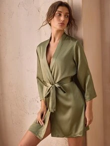 Charlaine 开襟系带缎面睡袍，奢华休闲服饰，秋冬款 - 軍綠色 - 查看 6