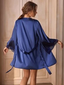 Charlaine Women's Solid Color Contrast Lace Long Sleeve Elegant Robe Satin Sleepwear Set Lingerie Robe Set Silk Robe Set Silk Robes For Women Sleep Wear - Navy Blue - View 3