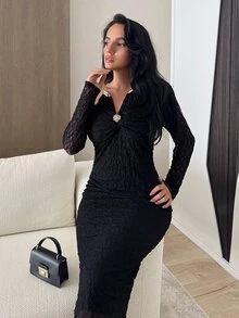 Modelyn Women's Elegant Party Off-Shoulder Halter Neck Lace Midi Dress - Black - View 4