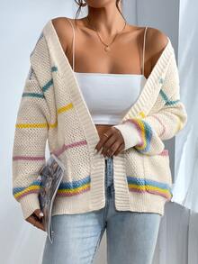 SHEIN Colorful Striped Pattern Drop Shoulder Duster Cardigan,Long Sleeve Tops Fall Winter Cloth For Women - Multicolor - View 4