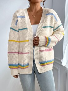 SHEIN Colorful Striped Pattern Drop Shoulder Duster Cardigan,Long Sleeve Tops Fall Winter Cloth For Women - Multicolor - View 3