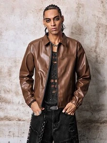 Skyrend Men's Woven Fashion Casual Young PU Leather Fitted Long Sleeve Jacket Fall/Autumn/Winter Grunge - Brown - View 4