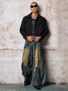 男士編織時尚休閒寬鬆長袖拉鍊襯衫 秋冬款 頹廢風 - 黑色 - 查看 8
