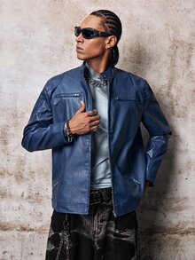 Skyrend 男士輕量立領PU皮革夾克，附拉鍊口袋裝飾，機車風人造皮革外套，適合秋冬/冬季，Grunge風格 - 寶藍色 - 查看 1
