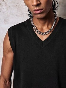 Skyrend Men's Casual Solid Color V-Neck Sweater Vest, Versatile (T-Shirt Not Included), Fall/Winter Fall/Autumn/Winter Grunge - Black - View 9