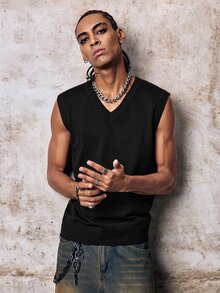 Skyrend Men's Casual Solid Color V-Neck Sweater Vest, Versatile (T-Shirt Not Included), Fall/Winter Fall/Autumn/Winter Grunge - Black - View 4
