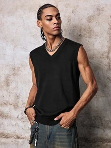 Skyrend Men's Casual Solid Color V-Neck Sweater Vest, Versatile (T-Shirt Not Included), Fall/Winter Fall/Autumn/Winter Grunge - Black - View 5