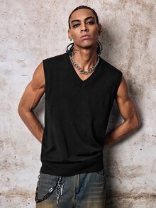 Skyrend Men's Casual Solid Color V-Neck Sweater Vest, Versatile (T-Shirt Not Included), Fall/Winter Fall/Autumn/Winter Grunge - Black - View 7