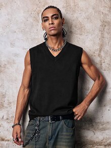 Skyrend Men's Casual Solid Color V-Neck Sweater Vest, Versatile (T-Shirt Not Included), Fall/Winter Fall/Autumn/Winter Grunge - Black - View 2