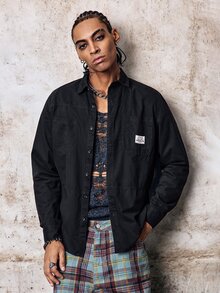 Skyrend Men's Casual Cotton Shirt, Solid Color, Comfortable, Multi-Pocket, Vintage Style, Suitable For Daily Wear, Spring/Autumn, Long Sleeve Top Grunge - Black - View 6