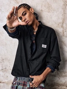 Skyrend Men's Casual Cotton Shirt, Solid Color, Comfortable, Multi-Pocket, Vintage Style, Suitable For Daily Wear, Spring/Autumn, Long Sleeve Top Grunge - Black - View 3