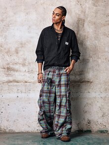Skyrend Men's Casual Cotton Shirt, Solid Color, Comfortable, Multi-Pocket, Vintage Style, Suitable For Daily Wear, Spring/Autumn, Long Sleeve Top Grunge - Black - View 5