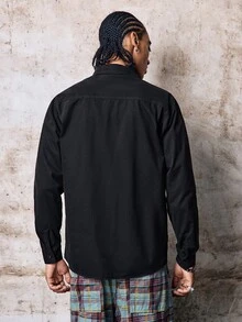 Skyrend Men's Casual Cotton Shirt, Solid Color, Comfortable, Multi-Pocket, Vintage Style, Suitable For Daily Wear, Spring/Autumn, Long Sleeve Top Grunge - Black - View 4