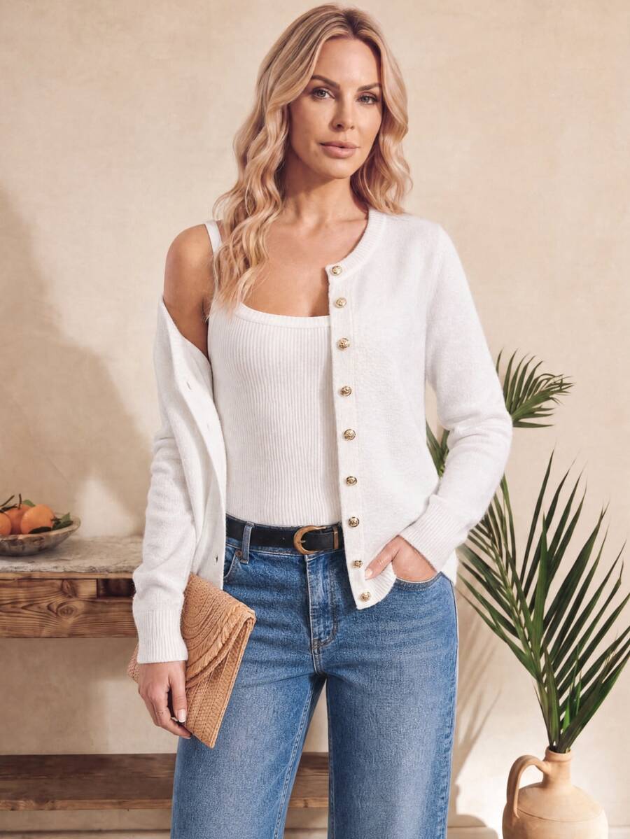 EMERY ROSE Women's Solid Color Open Front Casual Long Sleeve White Cardigan Fall Winter Cloth For Women - White - View 1