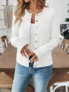 EMERY ROSE Women's Solid Color Open Front Casual Long Sleeve White Cardigan Fall Winter Cloth For Women - White - View 7